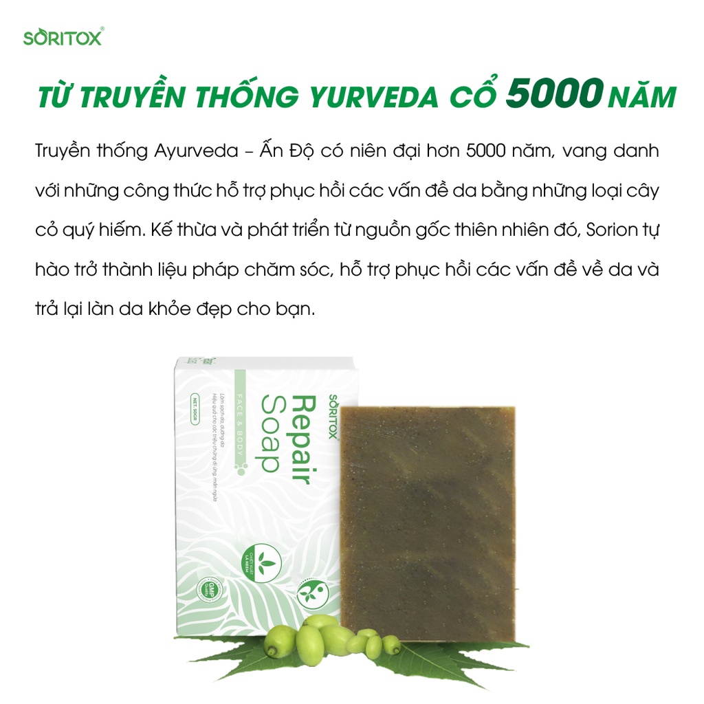 Soritox Soap 130GR - Xà bông thảo mộc chăm sóc da, mờ thâm, sạch mụn, sáng da, làm đẹp da với tinh chất lá Neem Ấn Độ