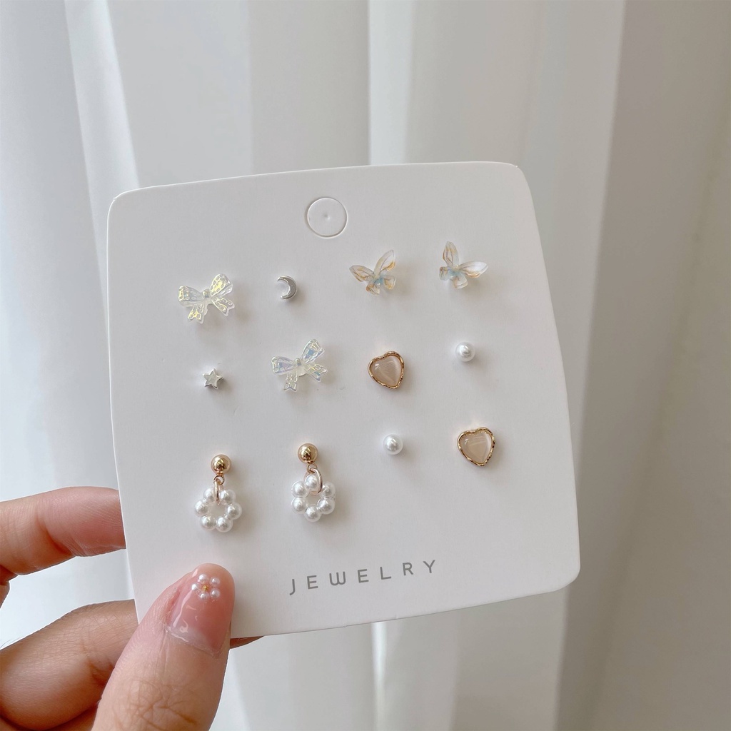 Set 6 đôi bông tai bạc S925 đính ngọc trai phong cách retro Hàn Quốc cho nữ