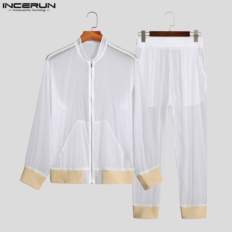 INCERUN Áo Sơ Mi Tay Dài Có Khóa Kéo + Quần Legging Thể Thao Thời Trang Cho Nam