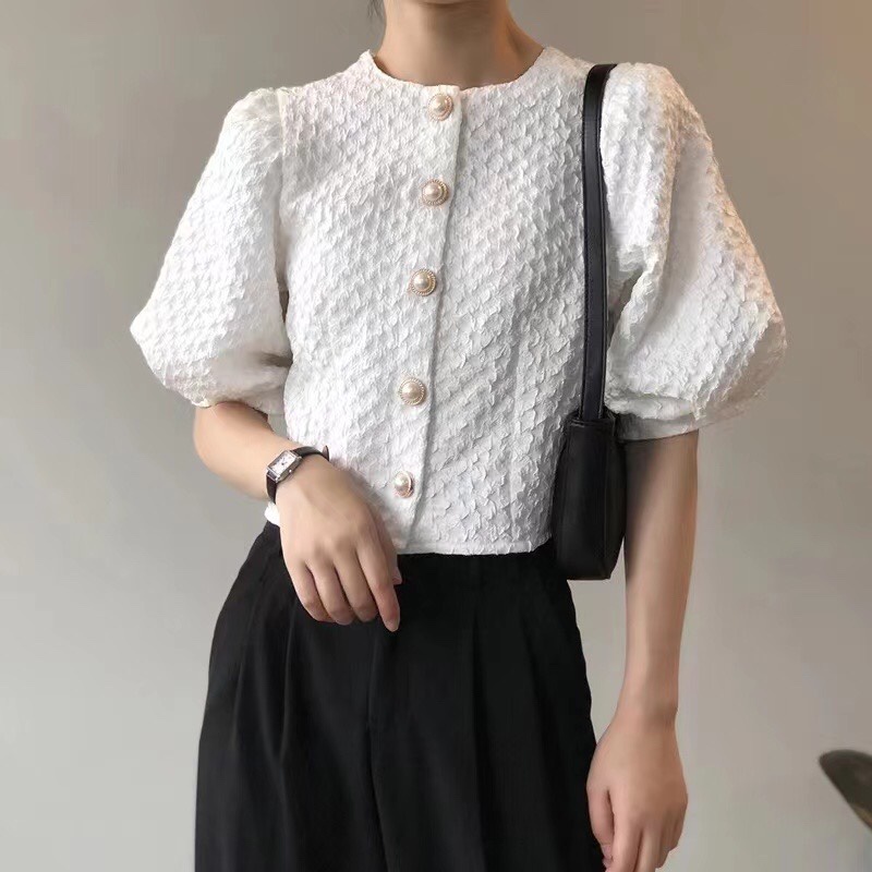 Áo sơ mi SUXI tay phồng ngắn dáng rộng phong cách Hàn Quốc thời trang mùa hè cho nữ