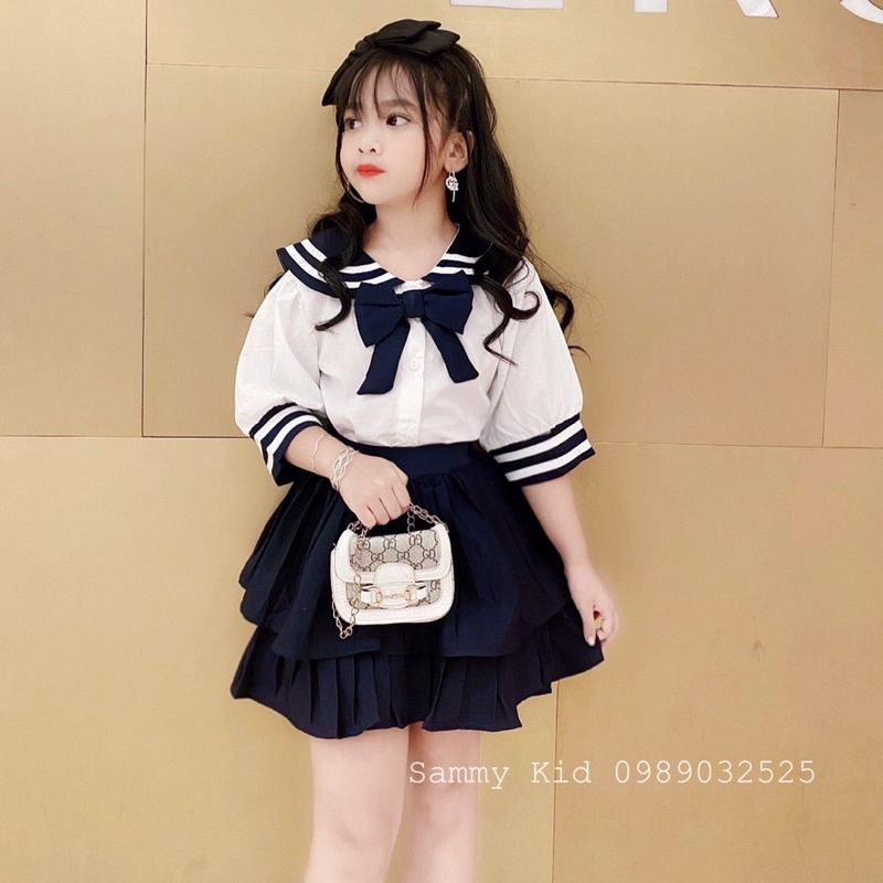 Set Thuỷ thủ Sơmi Nơ tay lỡ Quần váy xoè Tầng xếp ly cho bé gái size đại 16-40kg nhẹ nhàng nữ tính