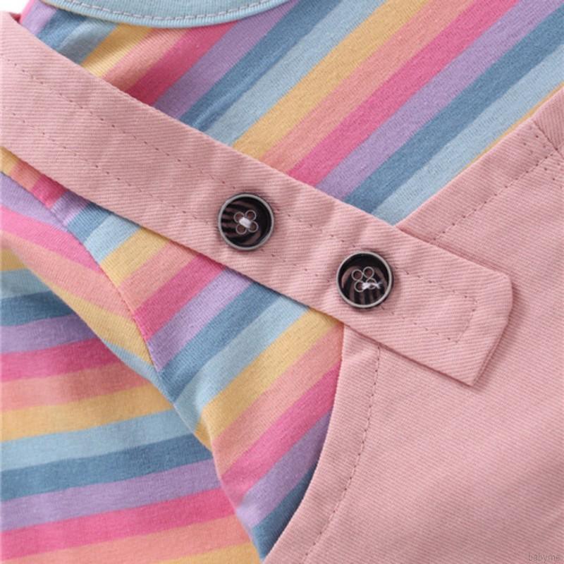 Babyme Autumn Baby Girls Rainbow Stripe Print Long Sleeve Fake 2 Piece Dress Kids Princess Dresses