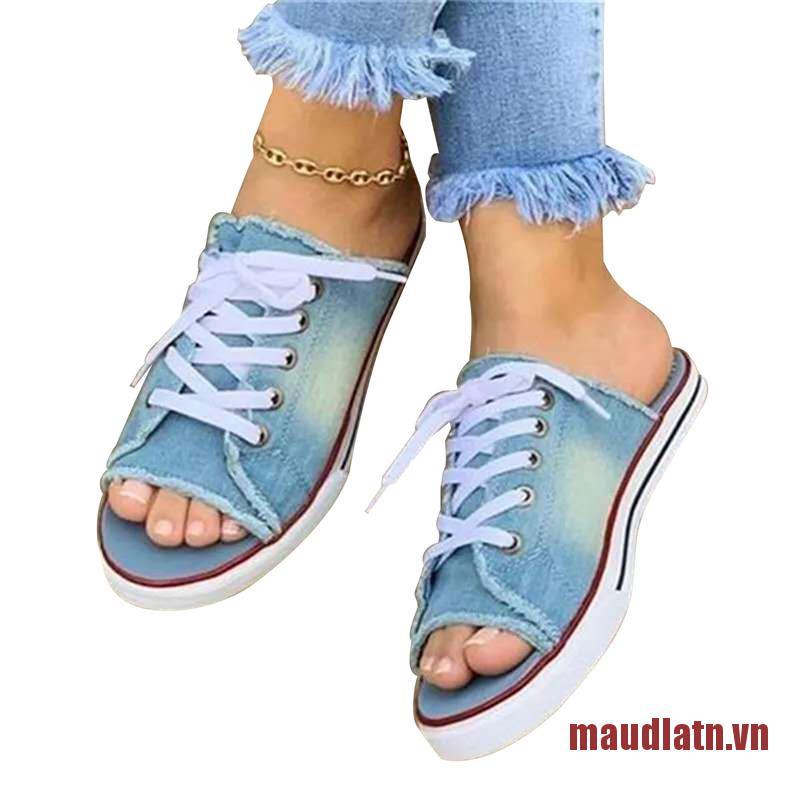 DLATN Canvas Flat Slipper Ladies Peep Toe Casual Fashion Denim Beach Shoes