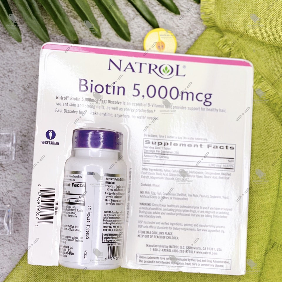Viên ngậm hỗ trợ tóc khỏe, ra nhanh Natrol Biotin 5000mcg, hộp 250 viên chính hãng Mỹ, vị dâu thơm ngon