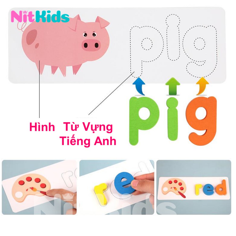 Bộ Ghép Chữ Bằng Gỗ, Bảng Chữ Cái Tiếng Anh Nitkids Có Thẻ Hình Học Từ Vựng, Đồ Chơi Thông Minh Cho Bé