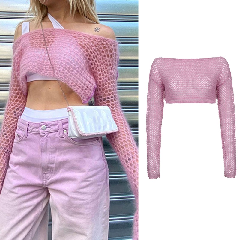 Áo Croptop Dệt Kim Màu Hồng Khoét Lỗ Thời Trang Quyến Rũ Cho Nữ