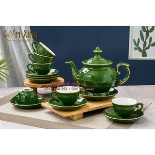 bộ ấm chén Bát Tràng_Bộ bình trà Phú Quý men Ngọc Lục Bảo viền vàng kim