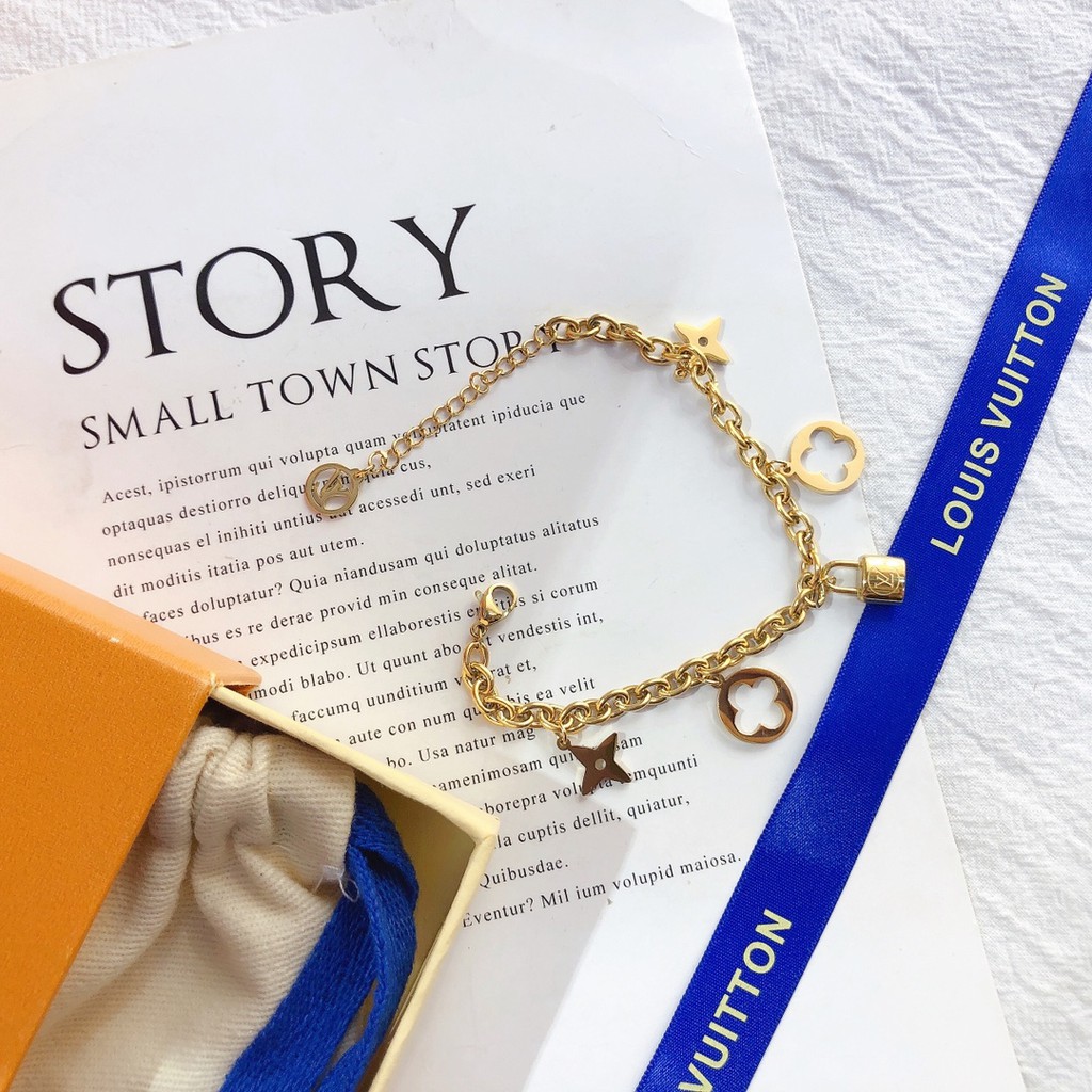 Vòng tay chuỗi xích mặt hình ổ khóa/cỏ 4 lá/logo LV thời trang cho nữ
