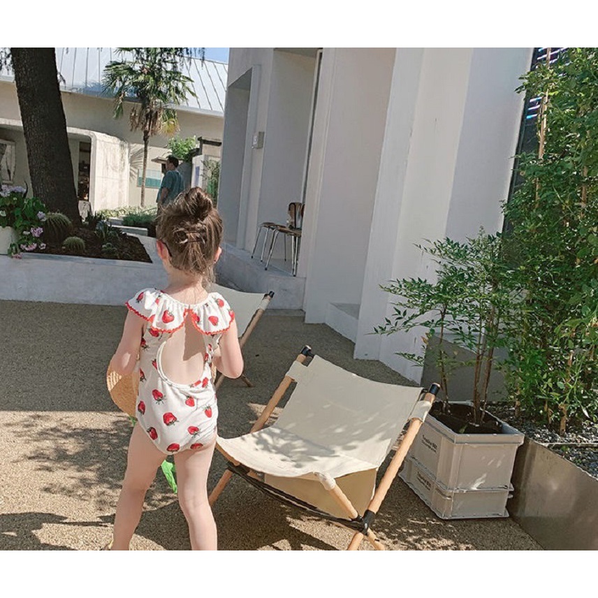 Bikini bé gái, Bộ đồ bơi bé gái tay Habi Fashion cánh tiên họa tiết dâu tây cho bé từ 9-26kg HABI18