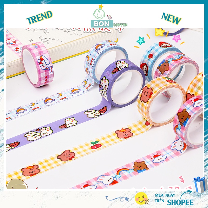 Băng dính Washi tape dài 3m họa tiết kẻ, chấm bi - bộ băng dính trang trí sổ Bullet Journal, thiệp