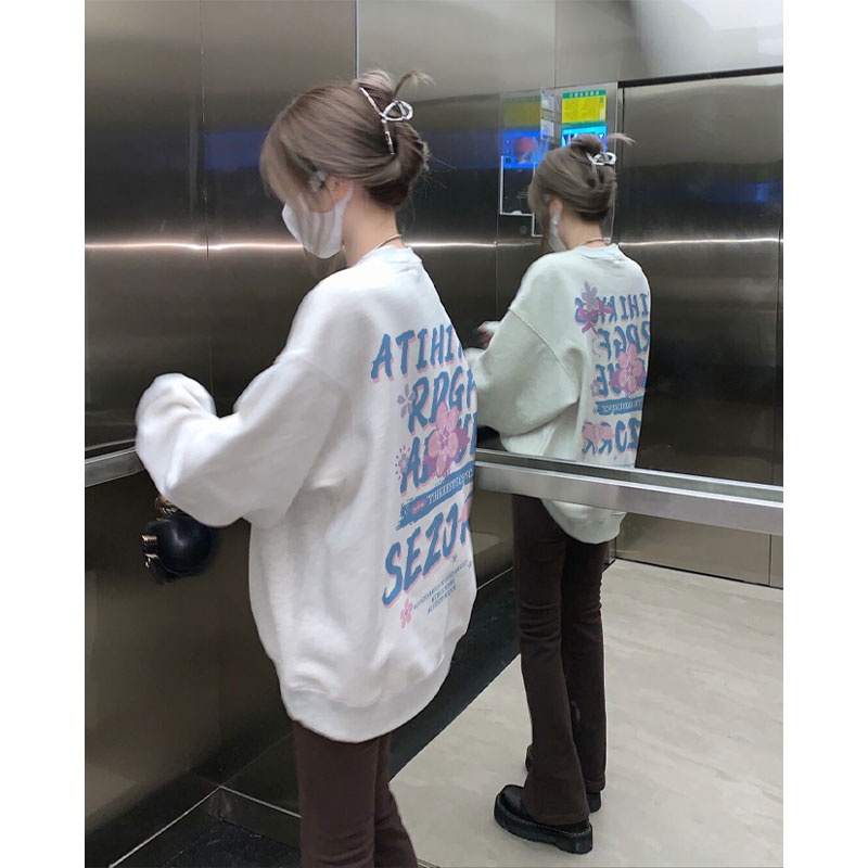 Áo sweater SELVZE cổ tròn dáng rộng in họa tiết thời trang đường phố Mỹ cá tính cho nữ