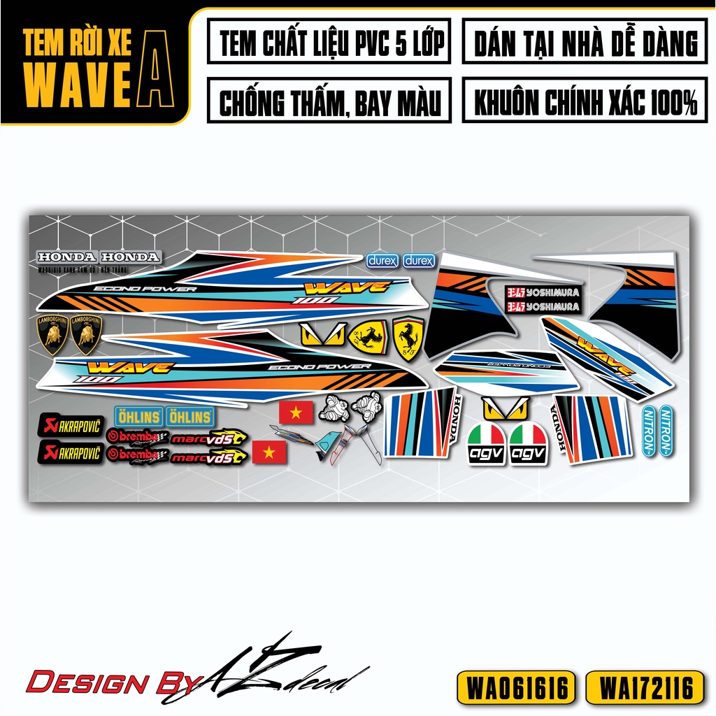 Decal Rời Xe Wave Alpha 110 100 Tặng Kèm Sticker | WA16 | Tem Chế Dán Xe Máy Wave A Chống Thấm Nước Bền Màu