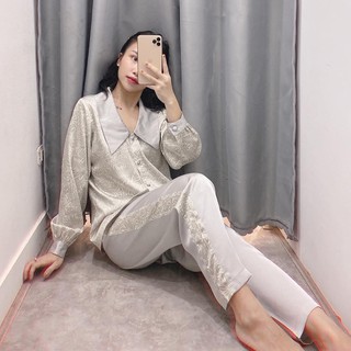 Set Pyjama cổ sen lụa in cao cấp