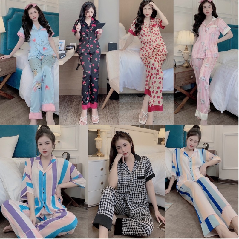 Đồ bộ pijama,Bộ lụa satin cao cấp tay ngắn quần dài satin hoạ tiết siêu hot