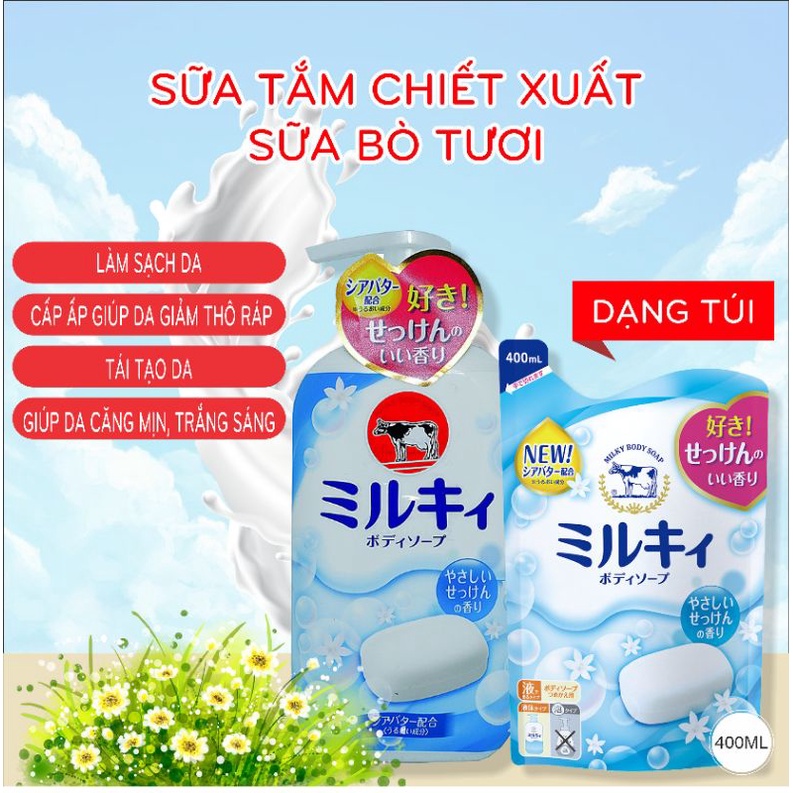 Sữa Tắm Dưỡng Trắng Mịn Da Hương Hoa Cow Milky Body Soap Pump Chiết Xuất Sữa Bò Tươi (Combo Chai 550ML Và Set 24ML)