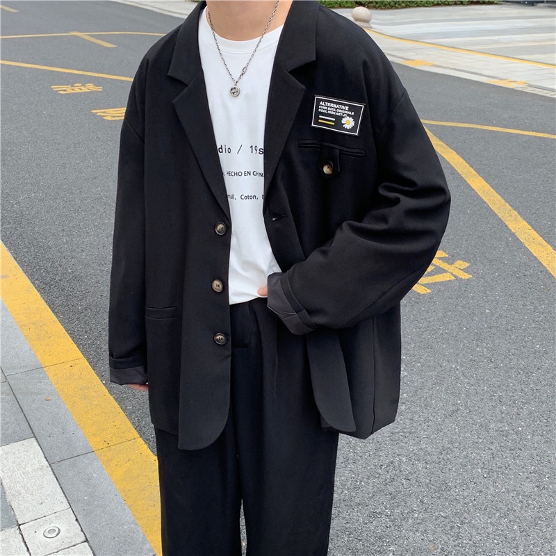 ♞AFF LIGA♞ Áo khoác blazer màu trơn thiết kế dáng rộng phong cách Hàn Quốc thời trang đường phố cho nam