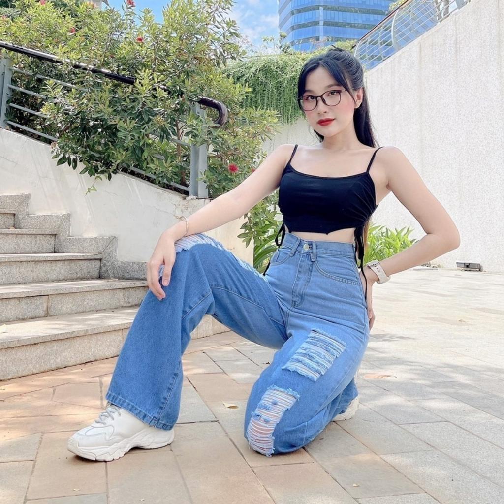Quần Jean nữ ống suông cạp cao loang màu rách gối, chất bò dày dặn, không nhăn, không xù khi giặt MT5181 | BigBuy360 - bigbuy360.vn