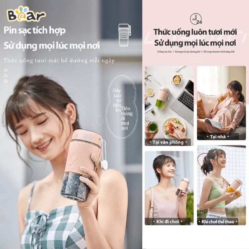 Cốc xay sinh tố sạc pin mini cầm tay Bear LLJ-B03C1 Chính hãng, Bảo hành 12 tháng