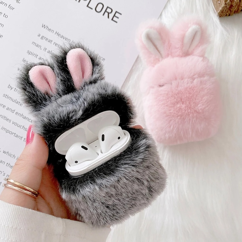 Vỏ đựng hộp sạc tai nghe không dây bằng vải lông thỏ mềm mịn ấm áp xinh xắn cho Airpods 1 2
