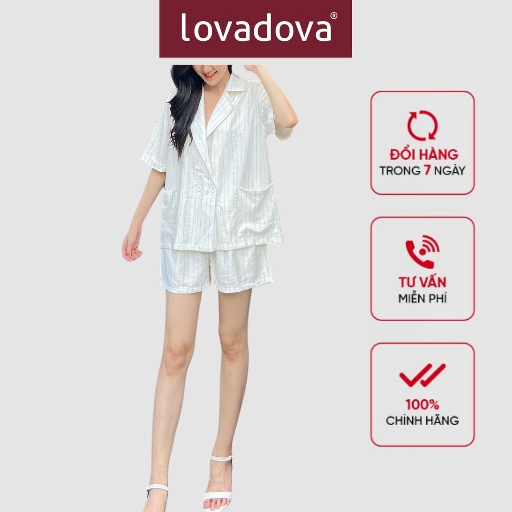 Set Đồ Nữ, Áo Quần, Cách Điệu Quần Có Túi, Cổ Áo Vest, Có Cúc Cài, Hai Túi Trước, Màu Trắng Sọc - Lovadova 22O05C001