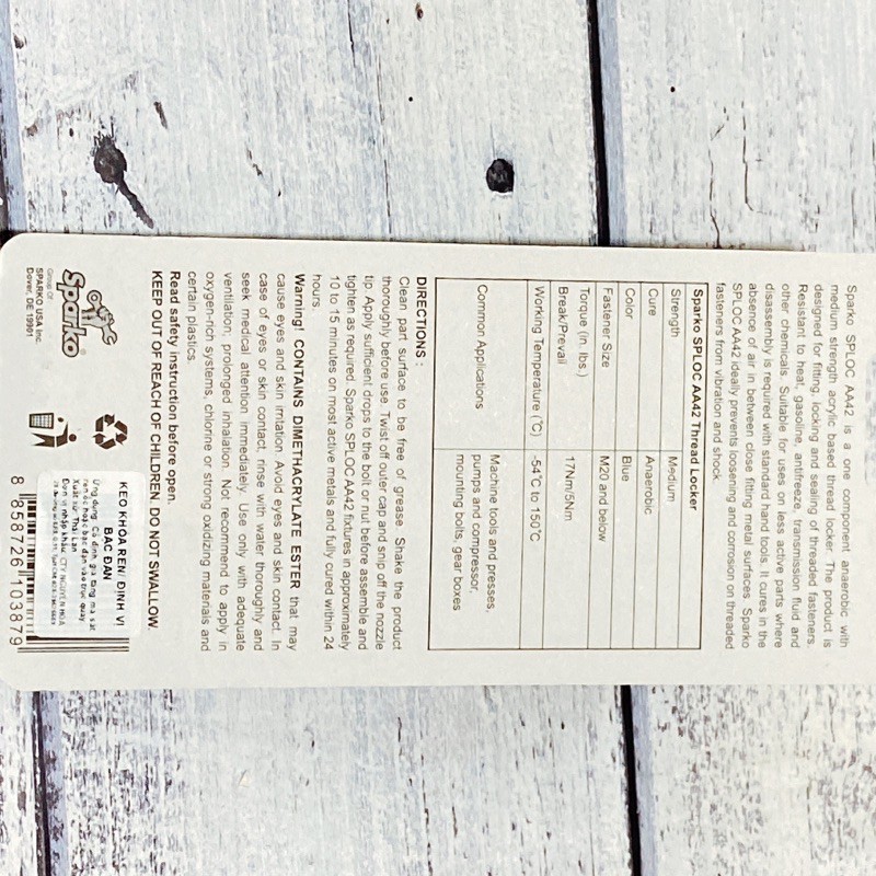 Keo khoá ren ốc, keo định vị ốc, keo dán ốc ren nhuyễn & ren xoắn hiệu Sparko AA42 chất keo màu xanh, màu đỏ 10ml