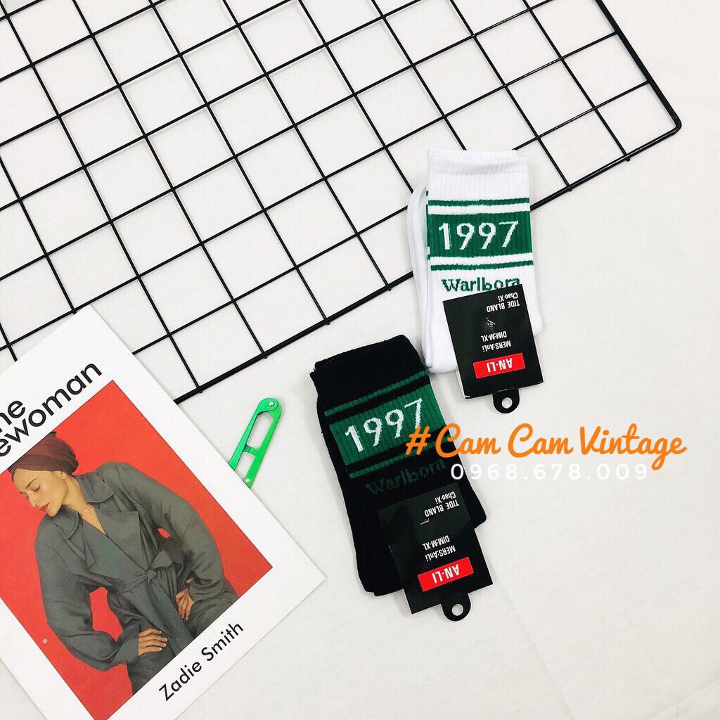 TẤT CAO CỔ NAM VƠ CAO CỔ NỮ ULZZANG TẤT UNISEX ĐEN TRĂNG CỔ CAO CHỮ XANH 1997