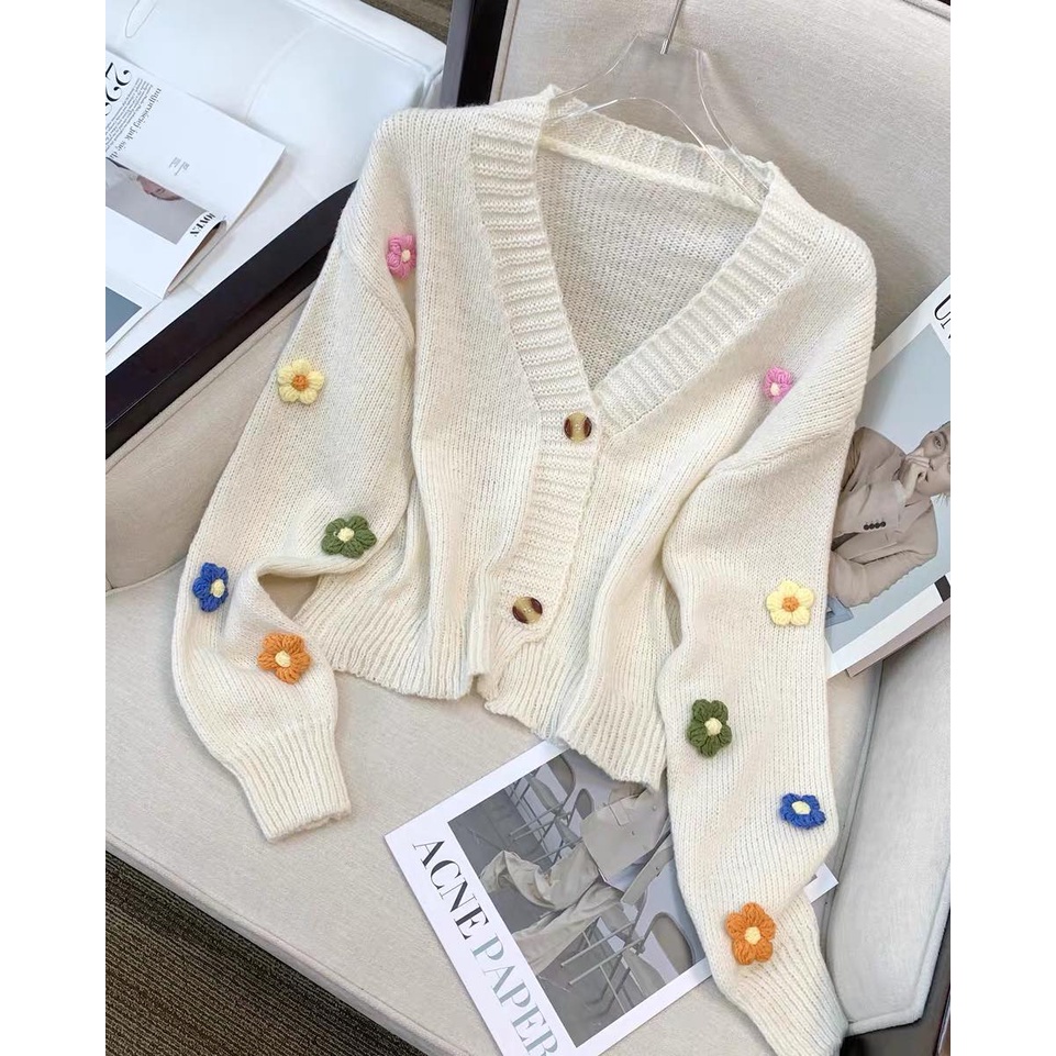 Áo khoác cardigan len dệt kim nữ ullzzang phối hoa cúc cài Shynstores