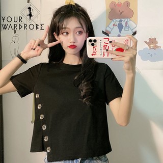 [THANH LÝ GIÁ GỐC]❤FREE SHIP❤ ÁO THUN NỮ CỔ TRÒN TAY NGẮN THIẾT KẾ XẺ TÀ ĐÍNH KHUY DỌC SS008
