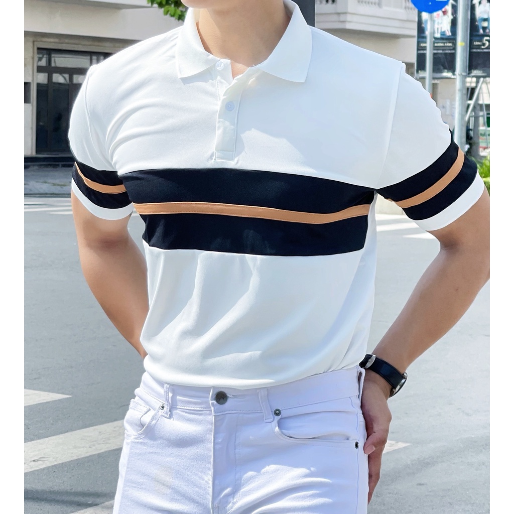 ÁO THUN POLO NAM MÀU TRẮNG PHỐI SỌC NGANG CAM ĐEN - MẶC CỰC ĐẸP TRAI