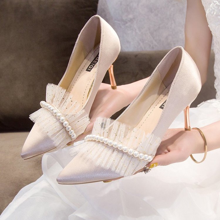 【Ready Stock】Wedding shoes woman 2021 new bridal shoe pointed toe pink stiletto high heels 7 cm