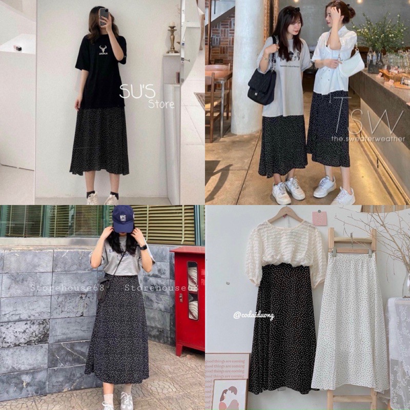 CHÂN VÁY SUU SKIRT chất vải voan mát hoạ tiết chấm bi thiết kế dáng váy chữ A cạp cao tôn dáng form xoè nhẹ