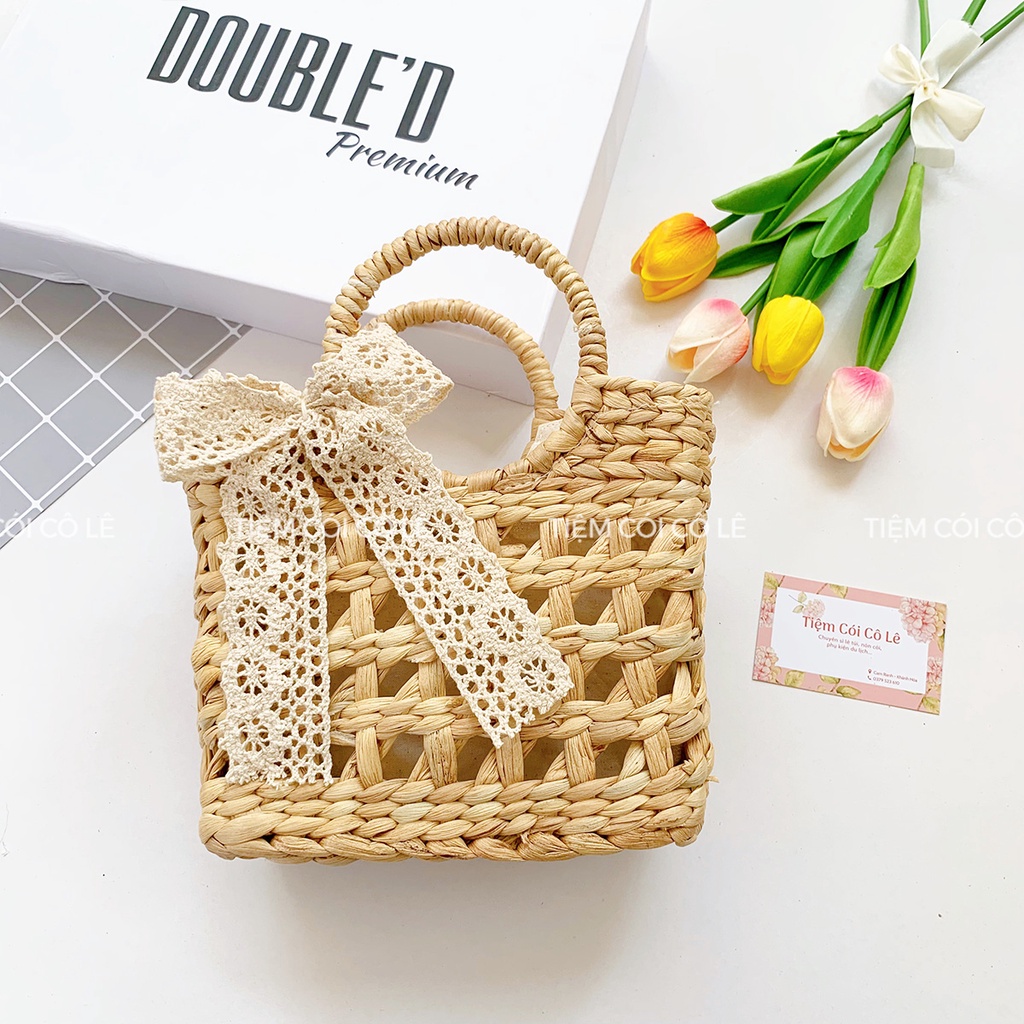 Túi cói lục bình đan kiểu rào xiên xinh xắn size 19cm - Tiệm Cói Cô Lê