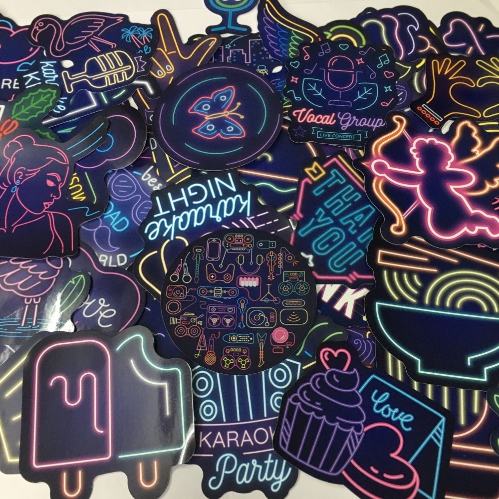 Sticker Neon Set 50 hình dán cute dễ thương trang trí laptop sticker dán mũ bảo hiểm, xe máy chống nước ván trượt guitar