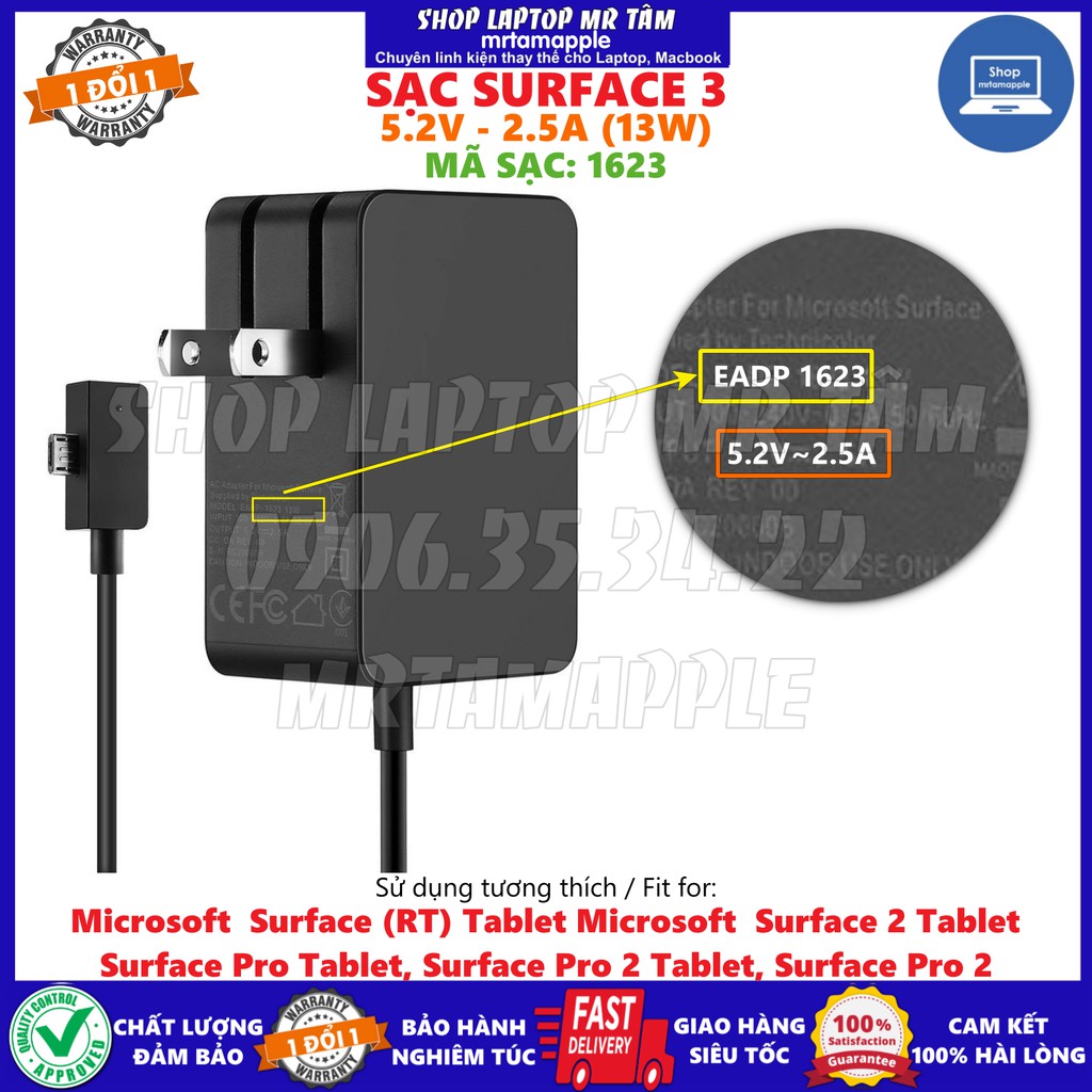 (ADAPTER) SẠC SURFACE 3 - 5.2V - 2.5A (13W) (SẠC ZIN) - mã sạc 1623, 1624, 1645, EADP-1623