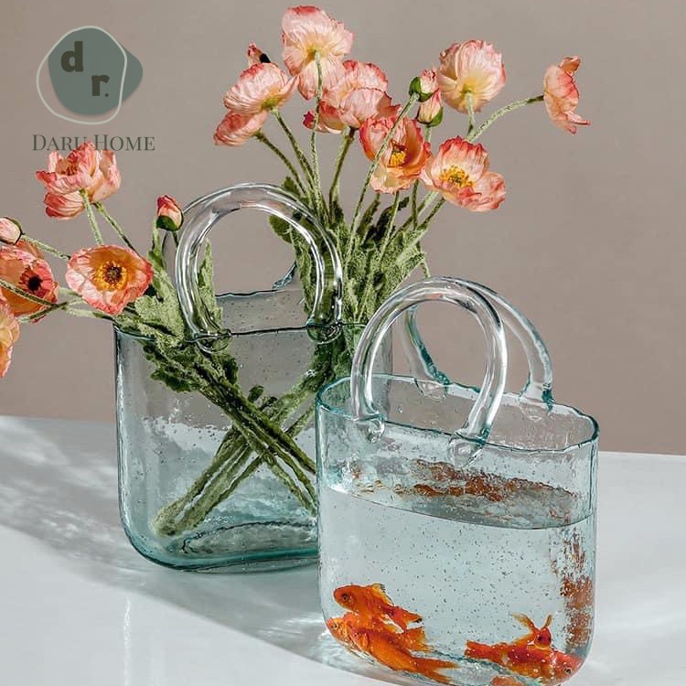Bình thủy tinh trong suốt hình giỏ xách có tay cầm, dùng thay bể cá - Daru Home