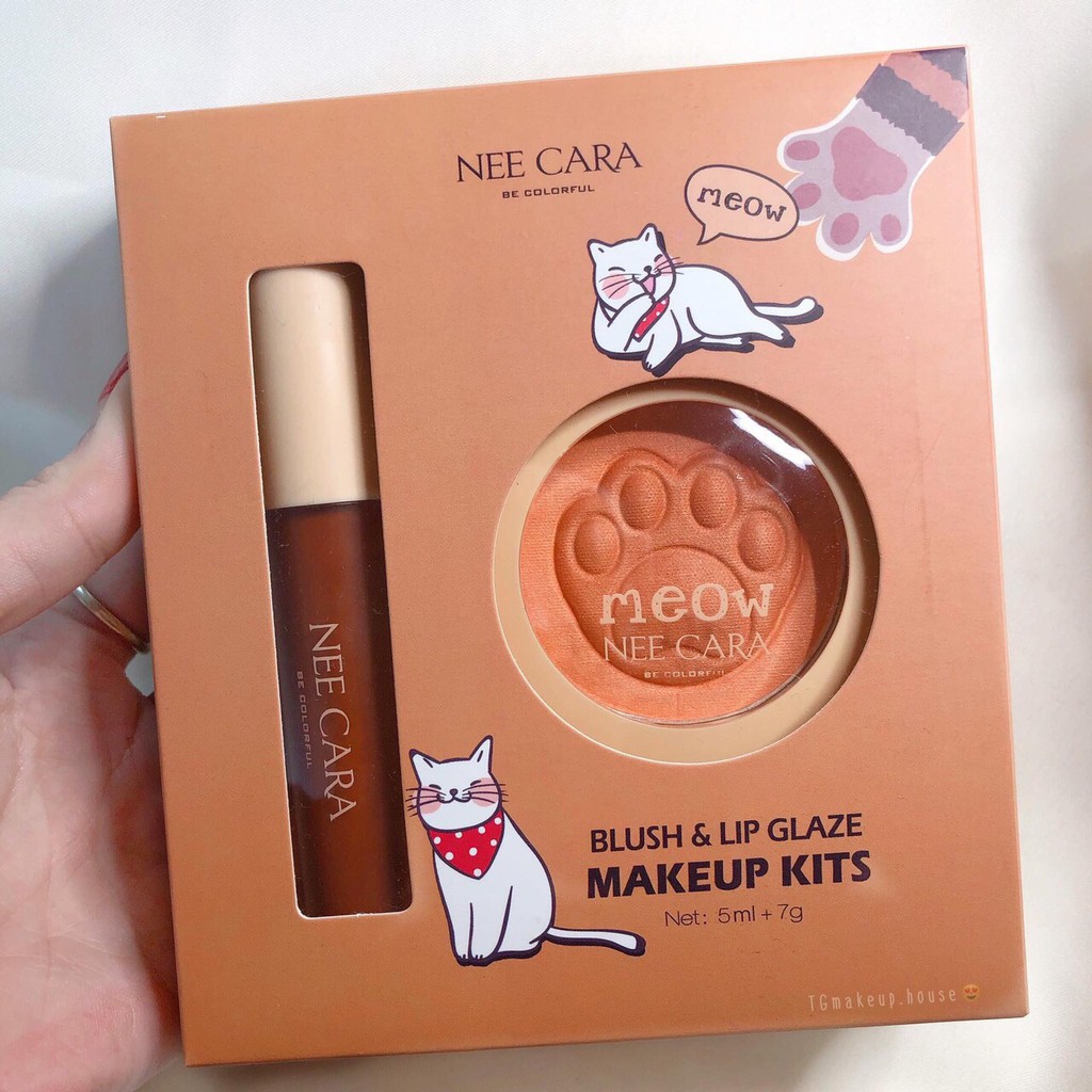 Set son kem kèm phấn má Nee Cara MEOW Blush & Lip Glaze Makeup Kits