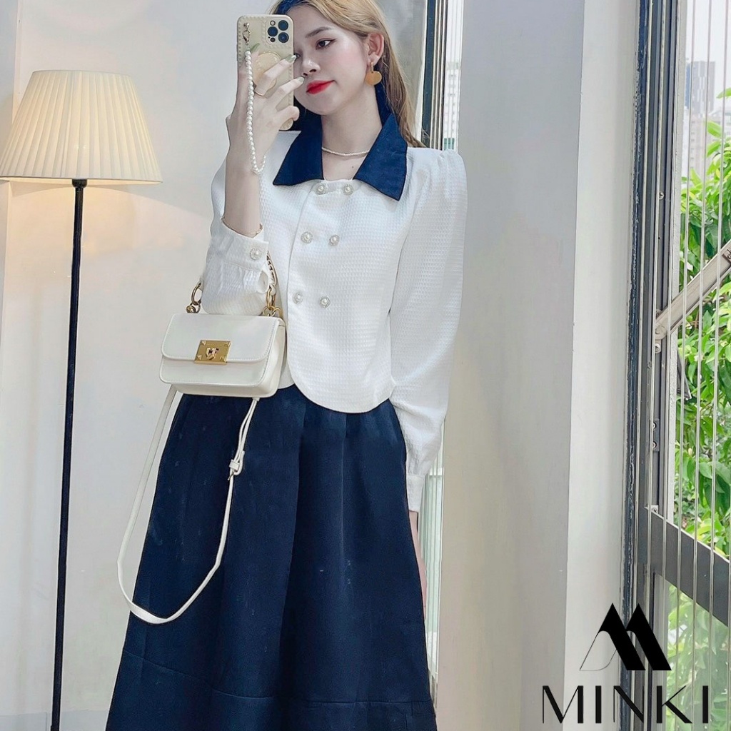 🌸 SET SƠ MI CÚC CHÂN VÁY XANH THAN CỔ ĐIỂN - CHẤT LIỆU CAO CẤP - PHỐI MÀU TRẮNG VÀ XANH ĐEN | BigBuy360 - bigbuy360.vn