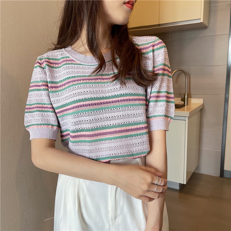 Áo Sweater Dệt Kim Tay Ngắn Cổ Tròn Họa Tiết Kẻ Sọc Màu Tím Phong Cách Cổ Điển Thời Trang Mùa Hè Mới Cho Nữ
