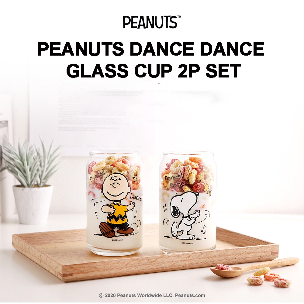 Set 2 cốc thủy tinh uống cà phê 330ml in hình chú chó Snoopy nhảy múa