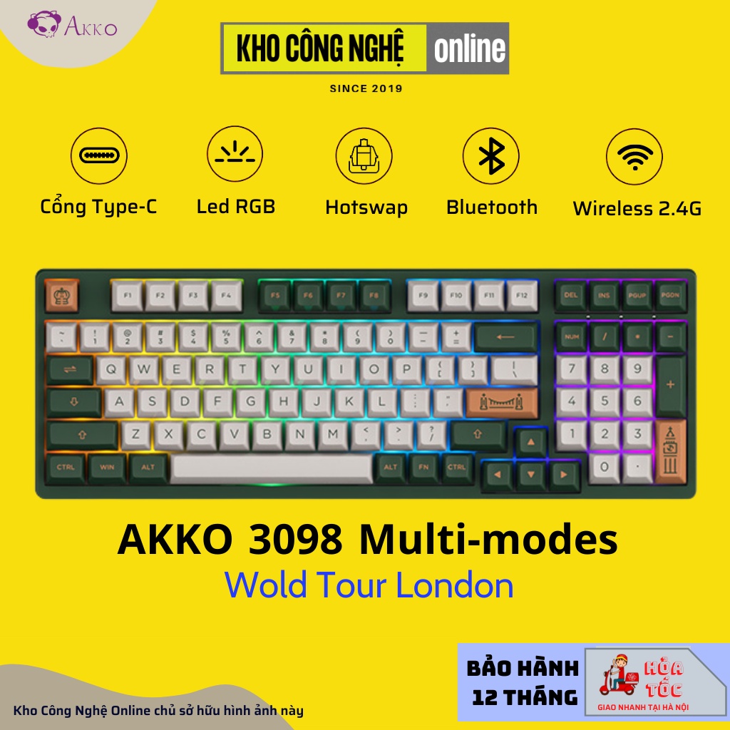 Bàn phím cơ AKKO 3098N Multi-modes World Tour London (Bluetooth 5.0 / Wireless 2.4Ghz / Hotswap /TTC
