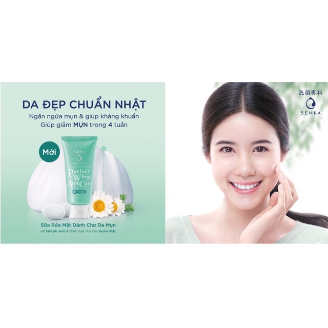 Sữa rửa mặt dành cho da mụn Senka perfect whip acne care 100g chiết xuất hoa cúc Nhật bản