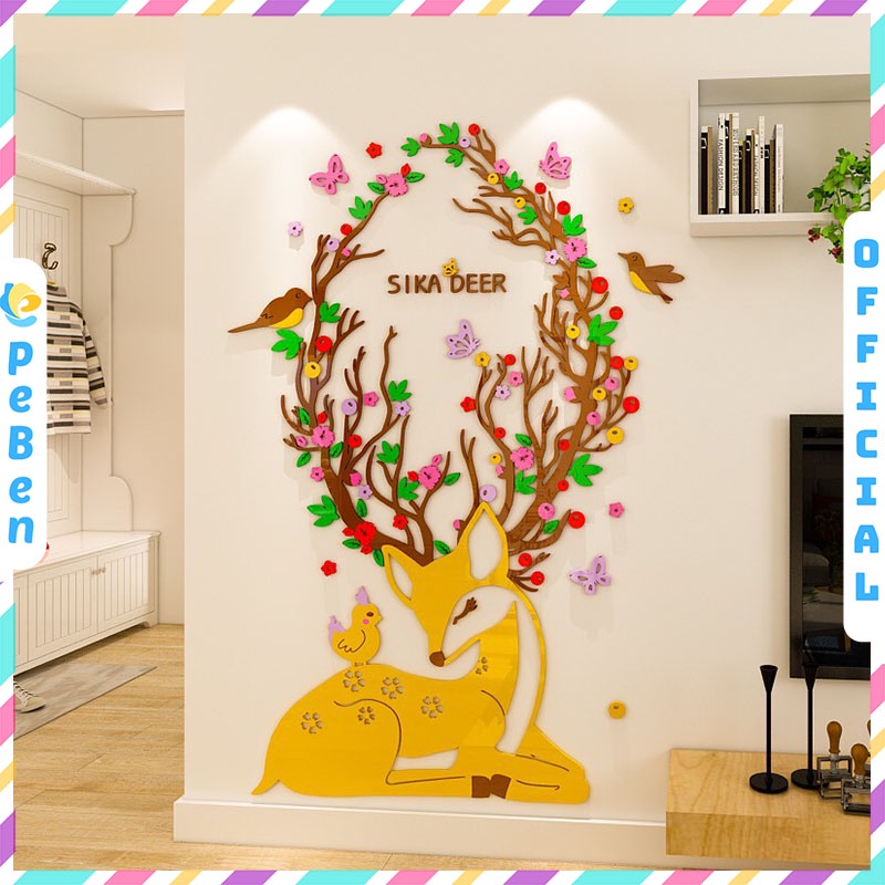 Tranh dán tường mica 3d decor khổ lớn hươu sao, công, phượng hoàng tranh trang trí phòng khách Nhiều Size - EPeBen