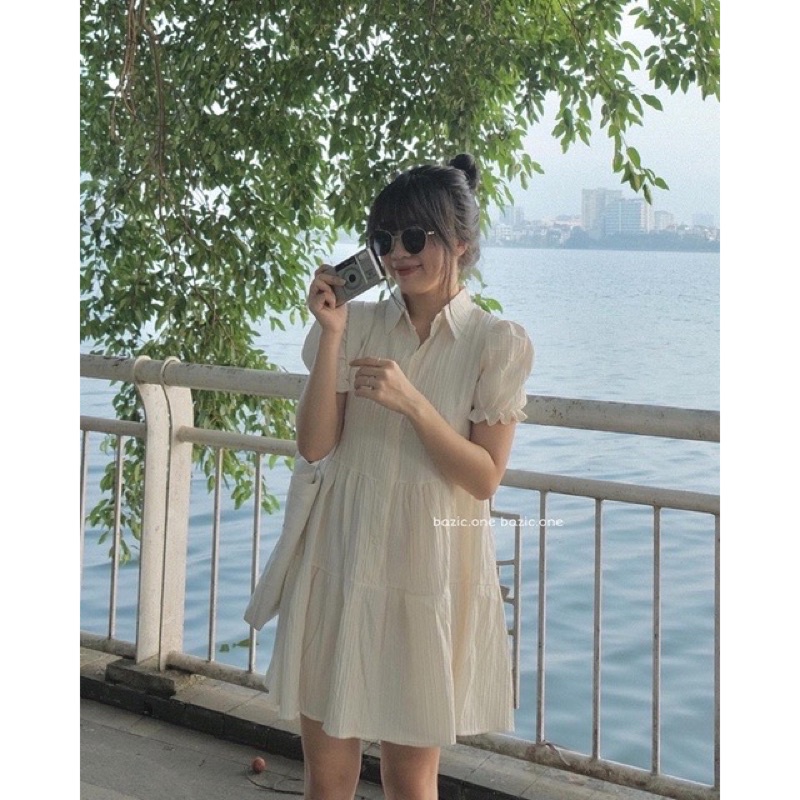 Váy babydoll gân tay bồng dáng ngắn cổ sơmi hai mau kem xanh mint