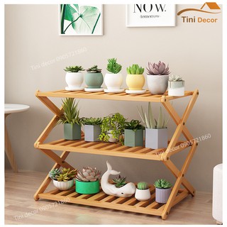 Kệ hoa trang trí ban công sân vườn 3 tầng D60 bằng tre tự nhiên