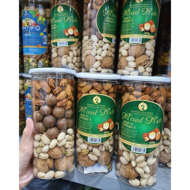 Mixed Nuts 4 Loại Hạt Dinh Dưỡng Macca, Óc Chó, Hạnh Nhân, Hat Dẻ Cười chưa tách vỏ (200k / hũ 500gr)