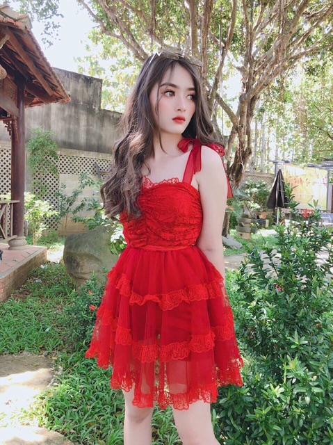 Ảnh thật mẫu chụp_Đầm ren thiết kế dây nơ đẹp đi tiệc