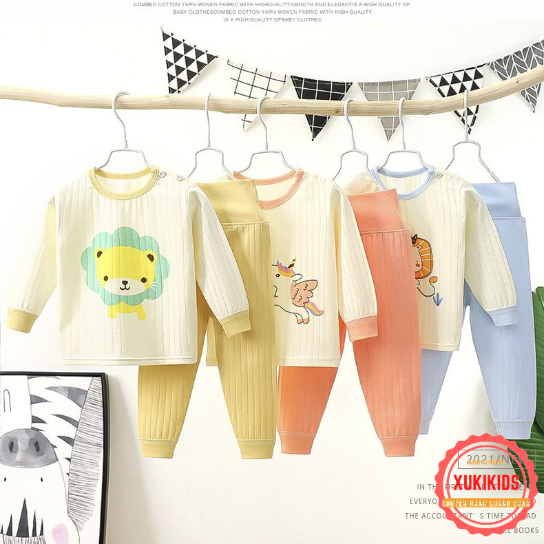 Bộ cotton dài tay cạp cao Hàng Quảng Châu cho bé trai bé gái mặc thu