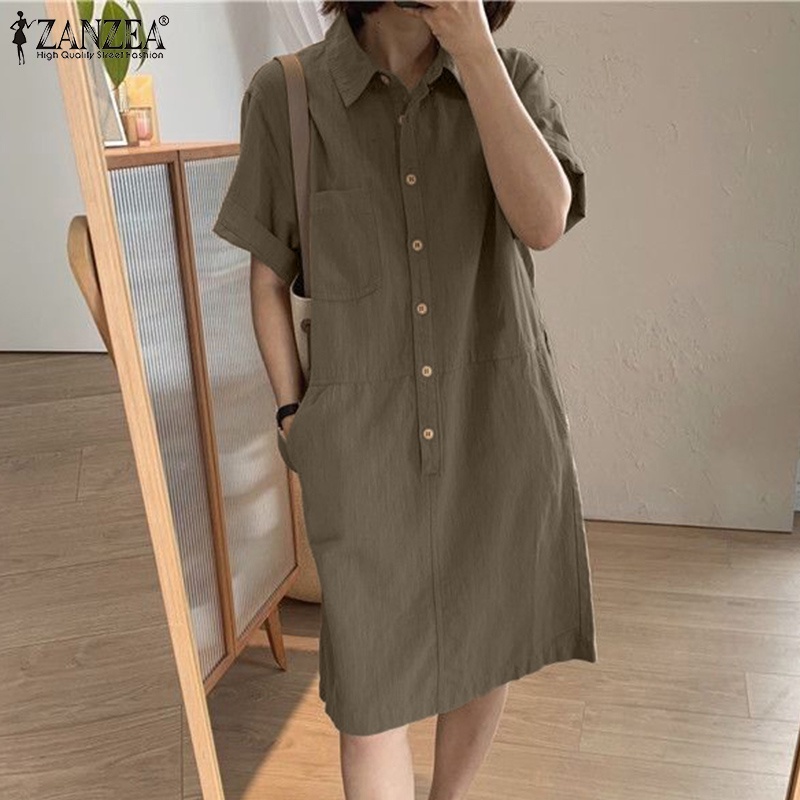 Đầm midi ZANZEA gài nút ngắn tay cổ bẻ thời trang cho nữ