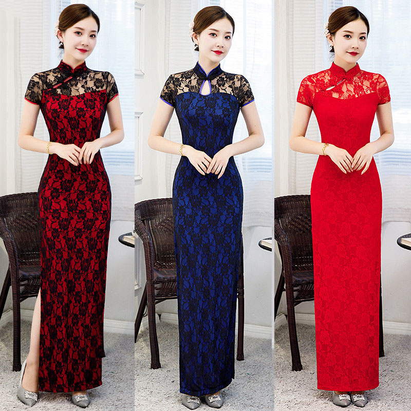 Trational Women Cheongsam Short-sleeve Vintage Long Dress Costumes Elegant Plus Size Dresses S To 5XL Black Red