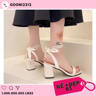 Giày sandal, giày cao gót cột nơ quai ngang đính ngọc buộc nơ tiểu thư cho nữ